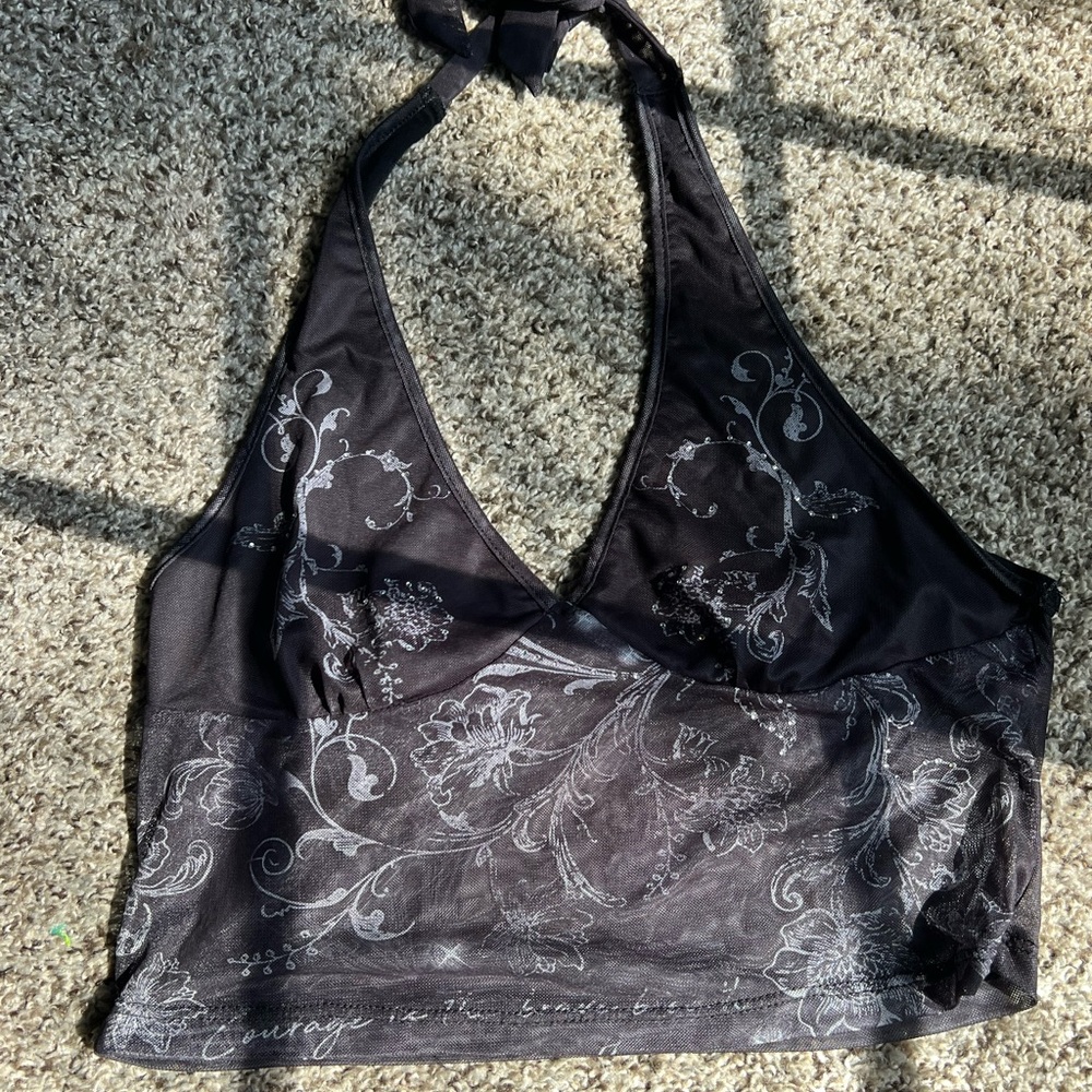 Black Sheer Floral Halter Top
